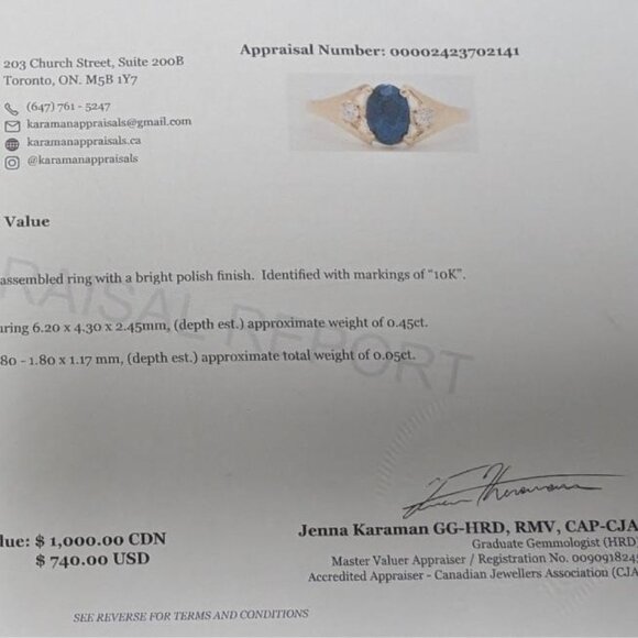10K Yellow Gold 1.38G Blue Sapphire 0.45Ct And Moissanite 0.05Ct Ring - Picture 3 of 4